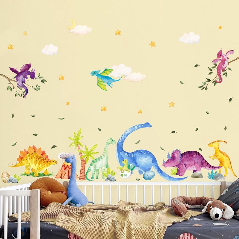 Kasubeso Watercolor Dinosaur Wall Decals, Cartoon Cute Dino Volcanic Wall Stickers, Peel and Stick Star Cloud Wallpaper for Baby Nursery Boys Bedroom Playroom Wall Decor - Image 4
